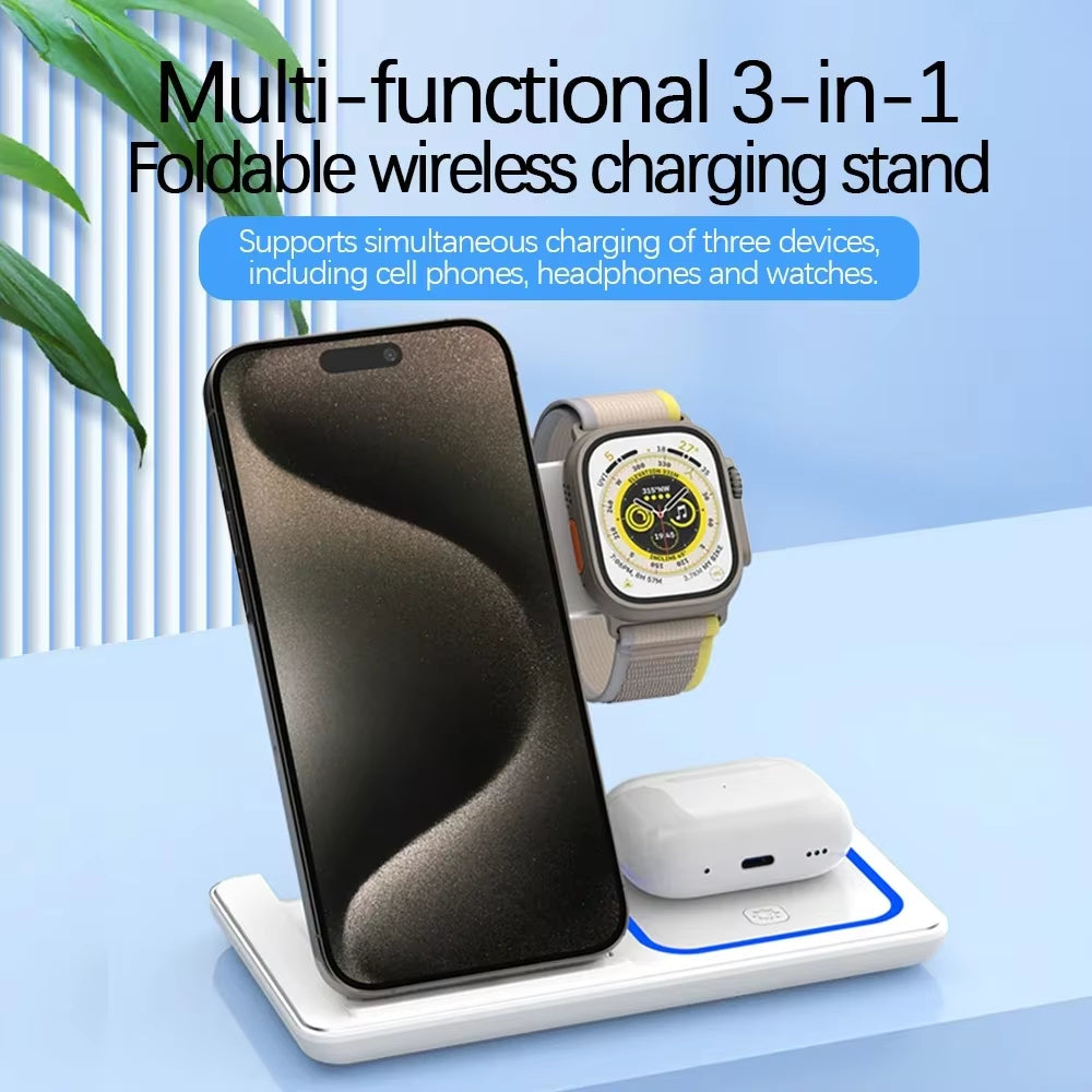 Soporte De Cargador Inalámbrico Rápido Con LED, Estación De Carga Plegable 3 En 1 De Para Iphone 15, 14, 13, 12, 11, Apple Watch