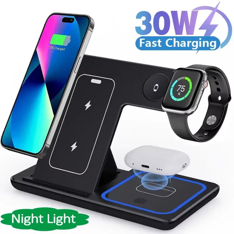 Soporte De Cargador Inalámbrico Rápido Con LED, Estación De Carga Plegable 3 En 1 De Para Iphone 15, 14, 13, 12, 11, Apple Watch