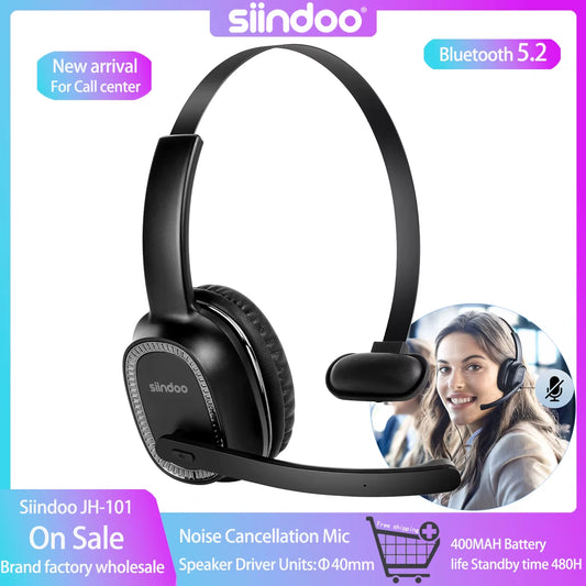 JH-101 Wireless Call Center Headset with Mic Noise Canceling Headphones with 50H Talking Time for Office Work, Video