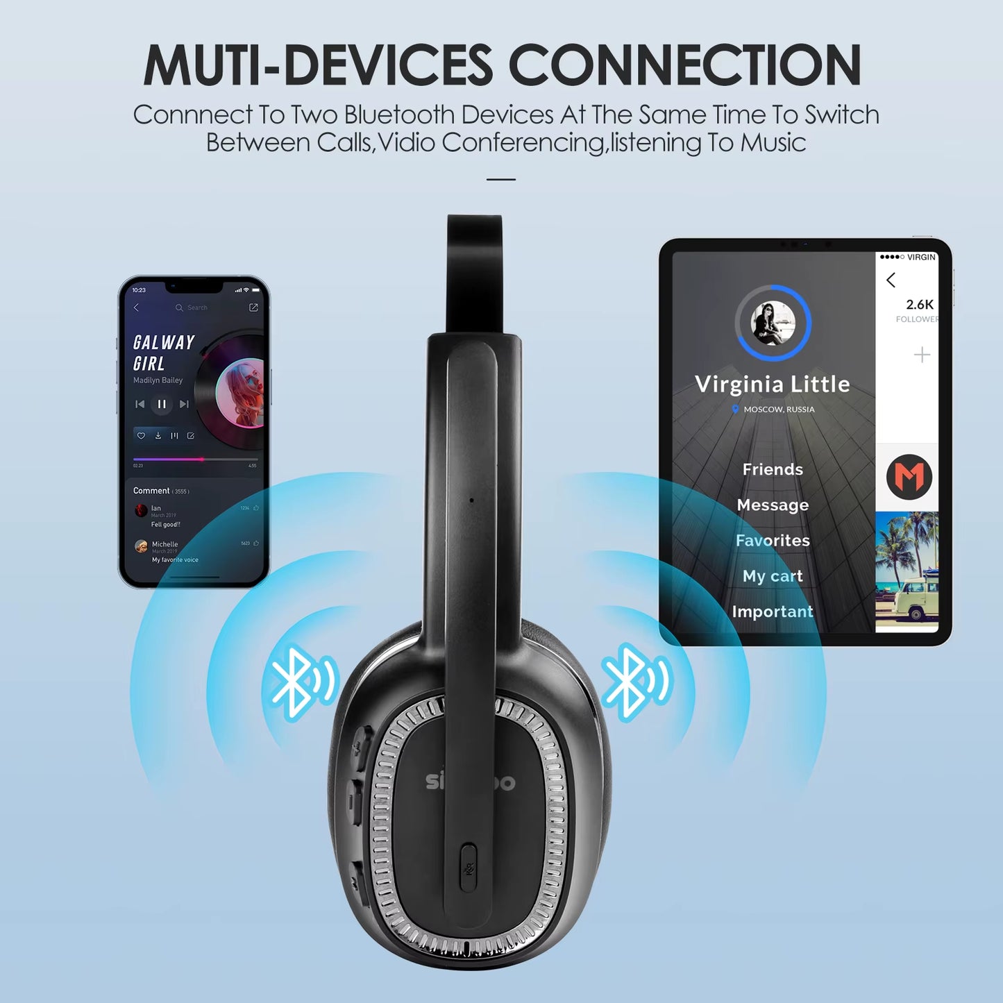 JH-101 Wireless Call Center Headset with Mic Noise Canceling Headphones with 50H Talking Time for Office Work, Video