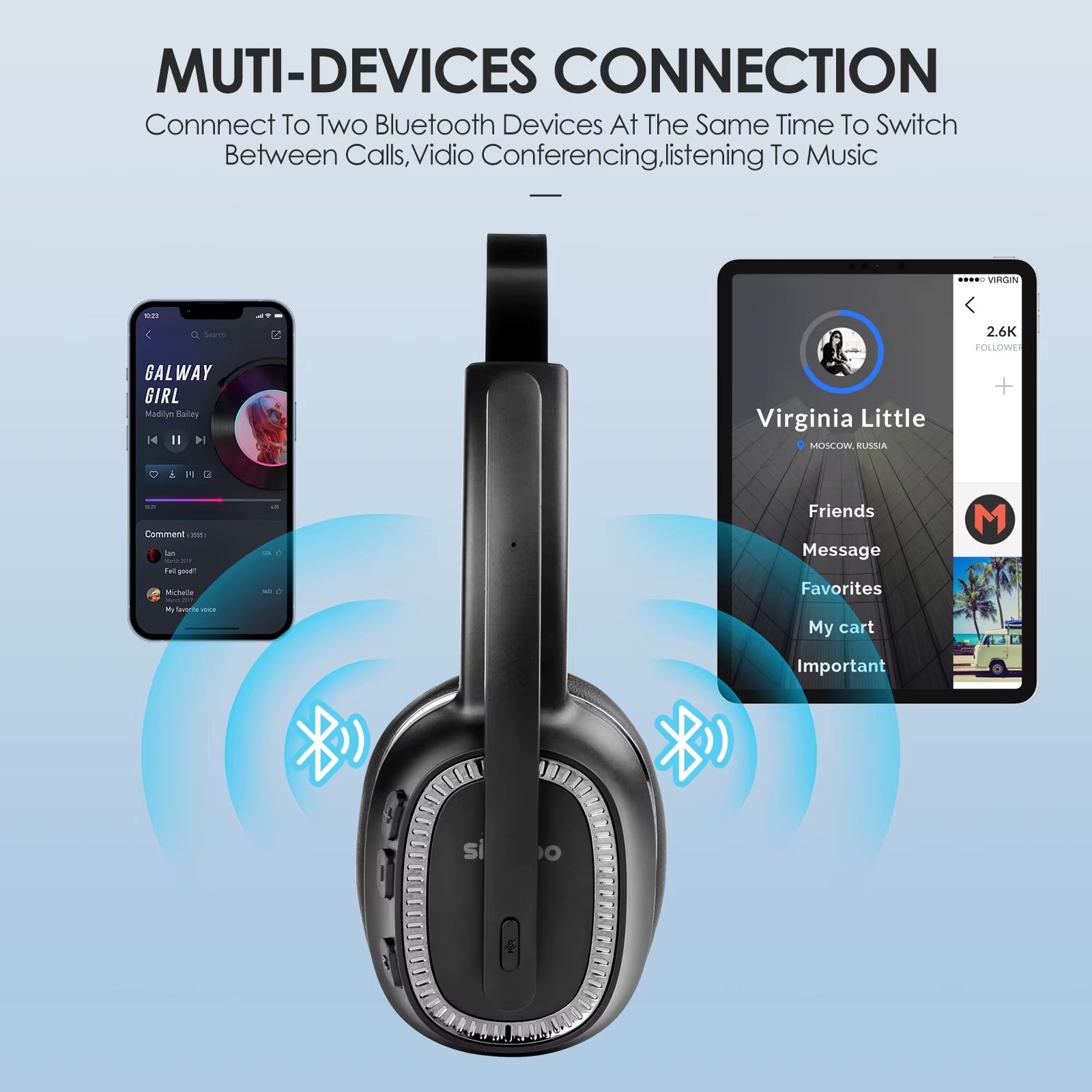 JH-101 Wireless Call Center Headset with Mic Noise Canceling Headphones with 50H Talking Time for Office Work, Video
