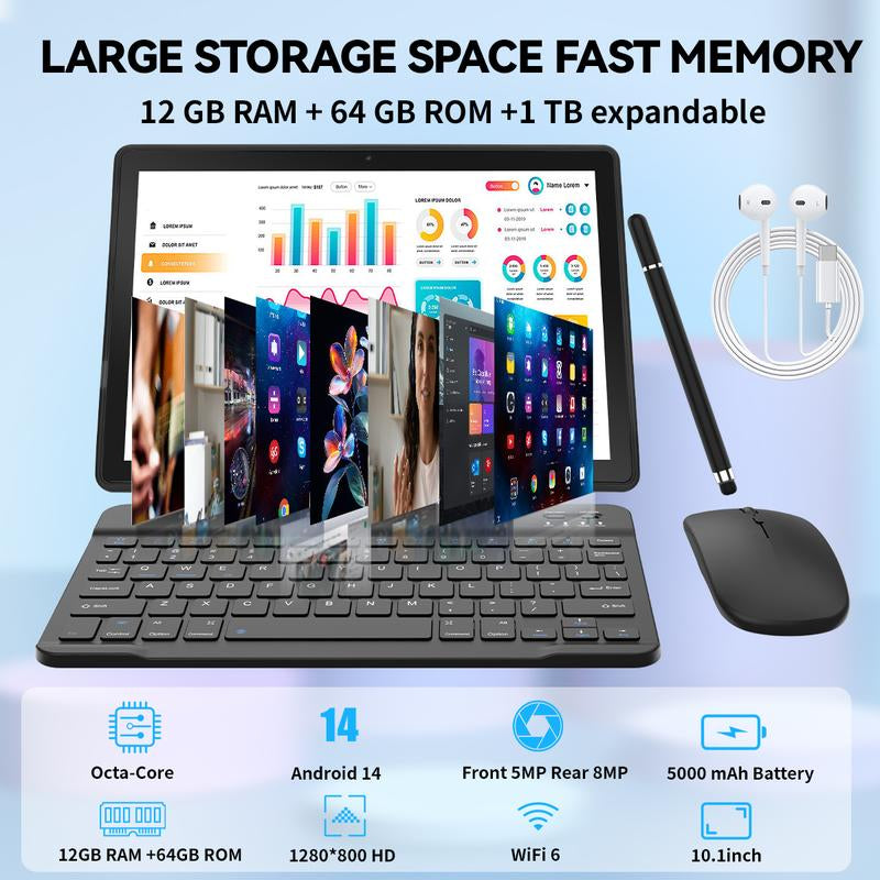 10.1-Inch Android 14 Octa-Core Tablet Set,12Gb RAM 64GB Rom,Face ID, Bluetooth,5Mp+8Mp Dual Camera,Wifi 6, 5000Mah Battery,5Mp+8Mp