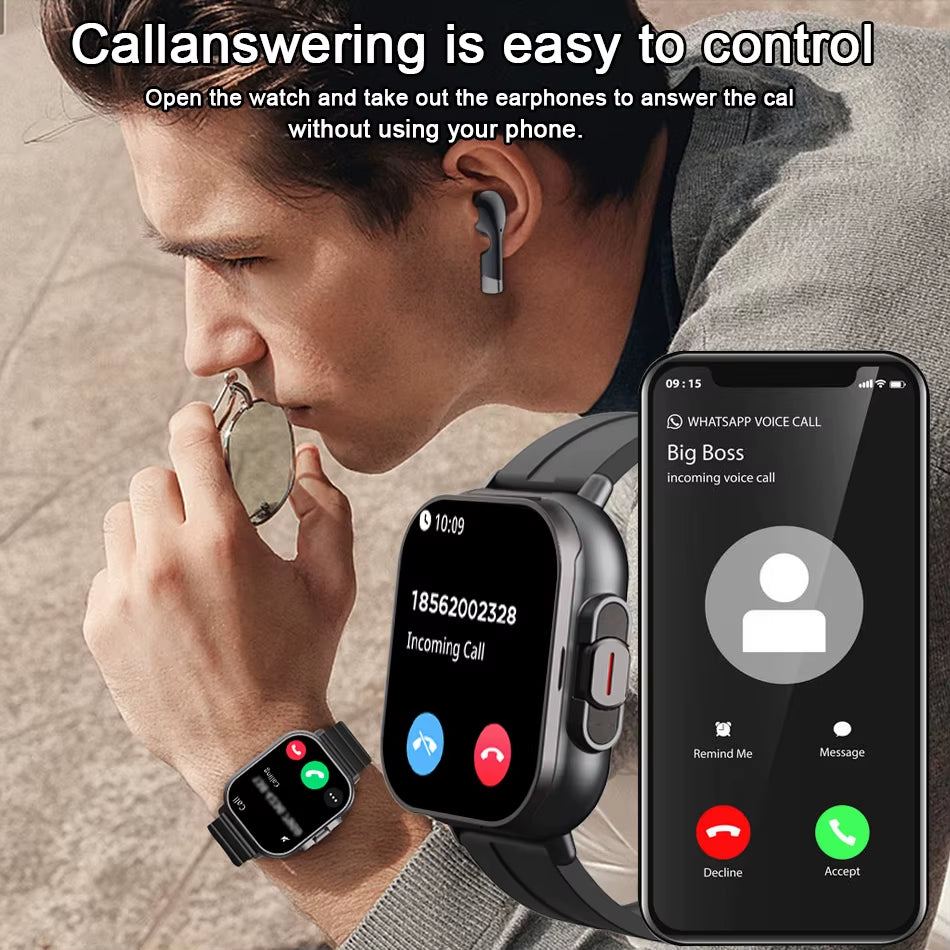 2024 New TWS 2-In-1 with Headset Smart Watch Bluetooth Call Men Watch GPS Track Smartwatch Heart Rate Monitor Play Music Watch
