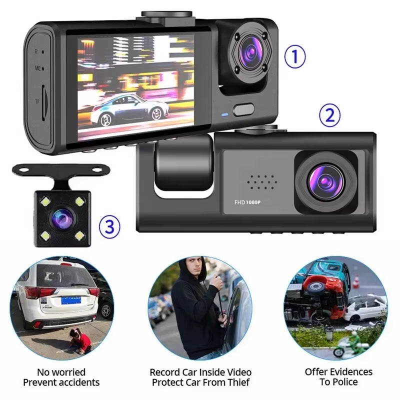 1080P Dash Cam with IR Night Vision 2/3 Channel Loop Recording 2 IPS Screen Vehicle DVR Video Recorder