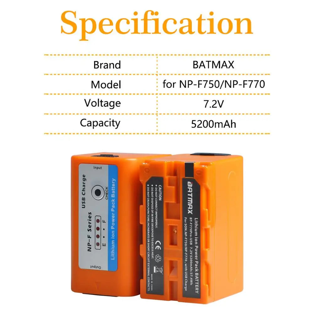 5200Mah USB Output NP-F750 F730 F770 Battery LED Power Indicator for Sony NP F960 F970 NP-F550 CCD-TRV58 V1J Z1